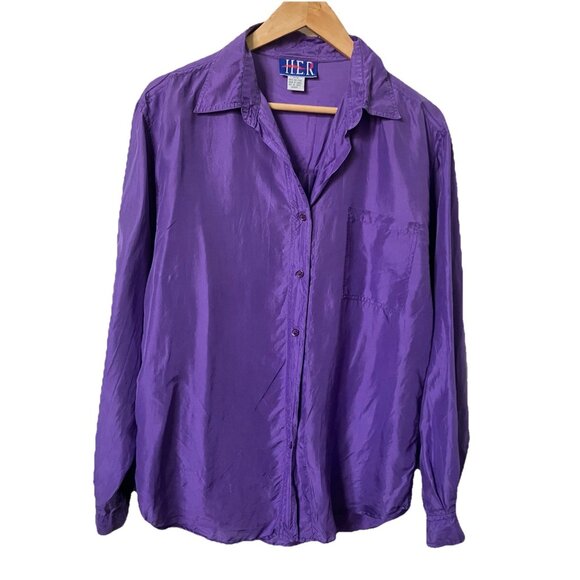 Vintage Her Silk Shirt Womens M 90s Purple Button Up - Picture 1 of 10
